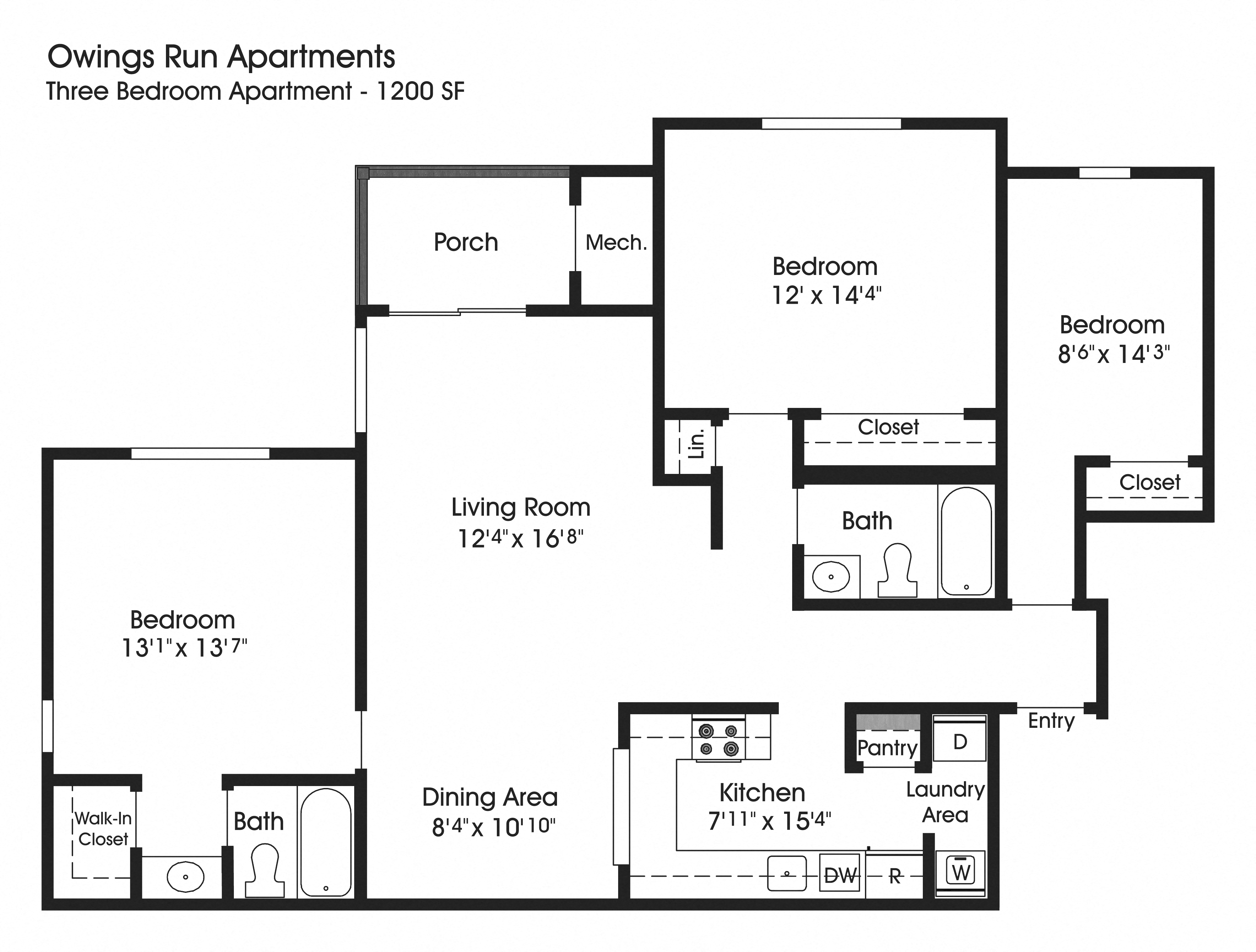 Floor plan for 3 beds, 2 baths, 1200 sqft